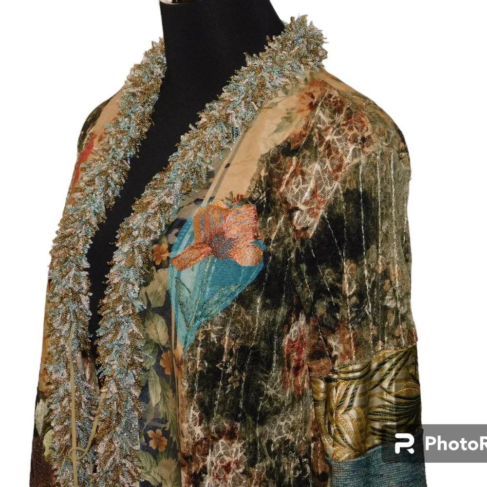 Lee Anderson Linen/Silk Blend Jacket Embroidered Tie Front Size Medium Vintage - Picture 9 of 13